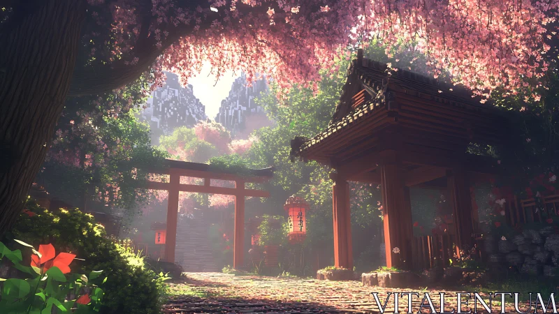 Sunlit shrine garden rests beneath blooming cherry trees.