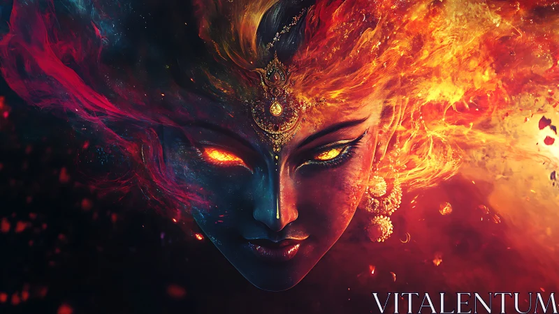 Fiery goddess portrait with molten eyes and jeweled crown.