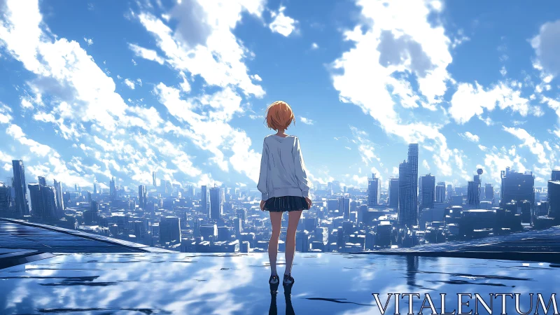 Solitary student overlooks expansive sunlit futurist cityscape.