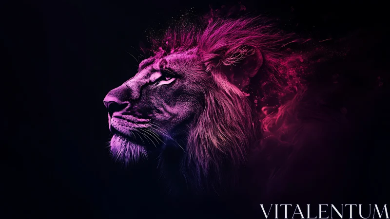 Neon spectral lion profile with particulate mane diffusion.