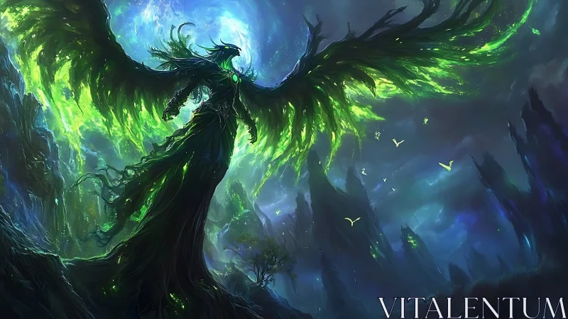 Mythic green phoenix ascendant in storm-lit fantasy landscape.