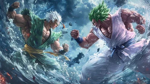 Muscular warriors unleash elemental power in midair clash