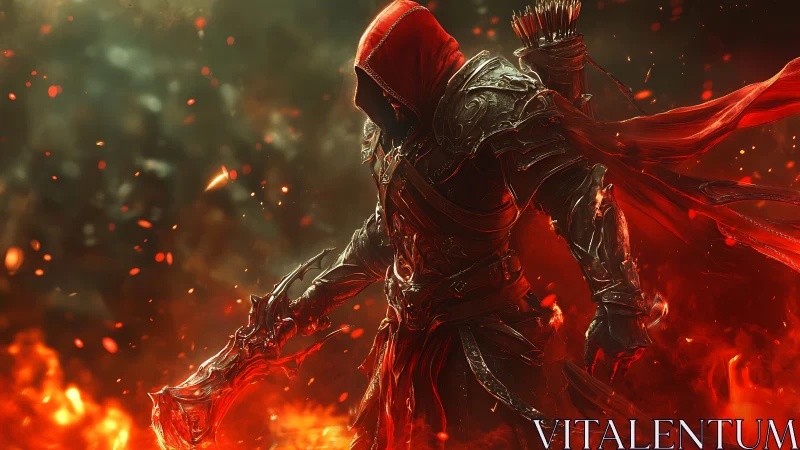 Hooded fire warrior strides through burning battlefield