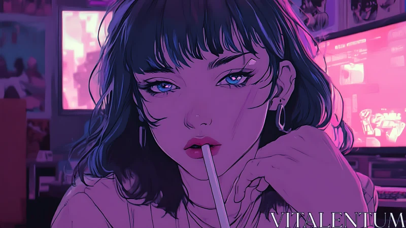 Neon-lit girl gazes at screen in moody cyber bedroom.