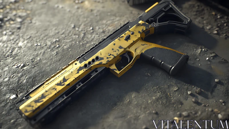 Gold and black pistol with custom finish lies on concrete surface