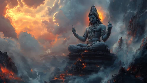 Divine mountain deity in meditative firelit stormscape.