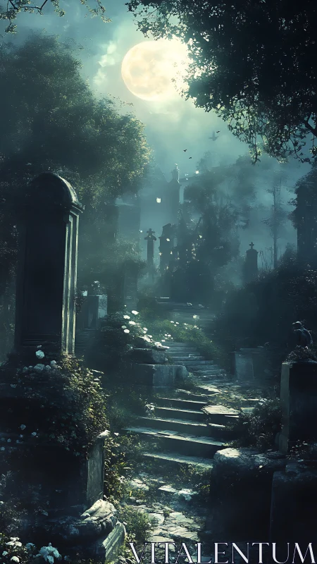 Moonlit stone cemetery path glows through dense night fog