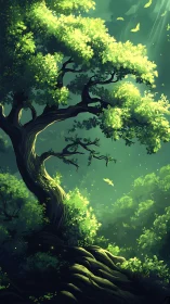 Emerald dreamtree rising through sunlit forest hush.