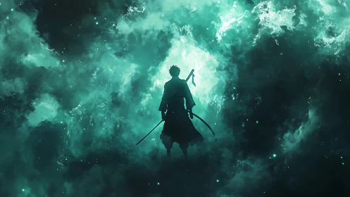 Silhouetted swordsman stands against luminous teal nebula glow