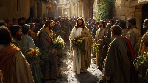 Jesus walks narrow street lined with followers and flowers.