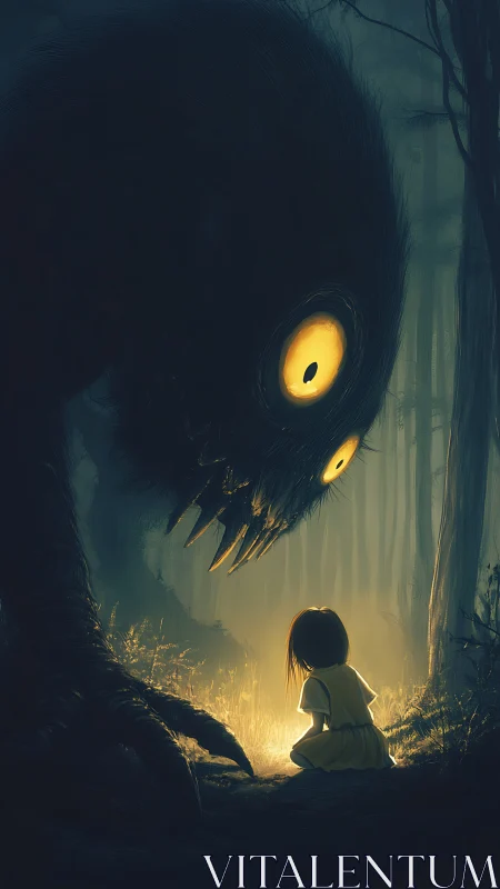Nocturnal forest entity observing child in luminescent glade.