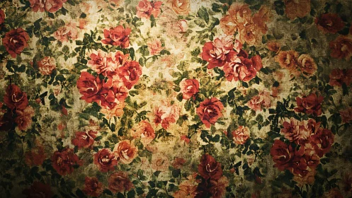 Vintage floral wallpaper shows worn red roses and leaves