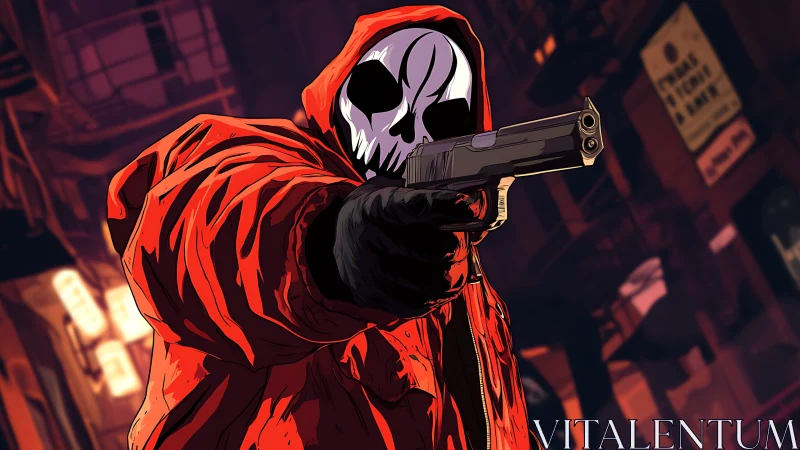 Crimson hooded reaper levels a pistol in neon backstreets
