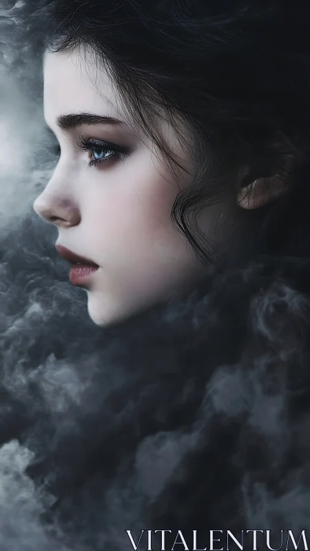 Side profile portrait merges ethereal female face with mist