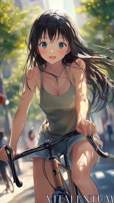 Sunlit city ride with carefree anime girl and summer breeze.