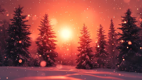 Winter pines glow under a soft, fiery sunset snowfall