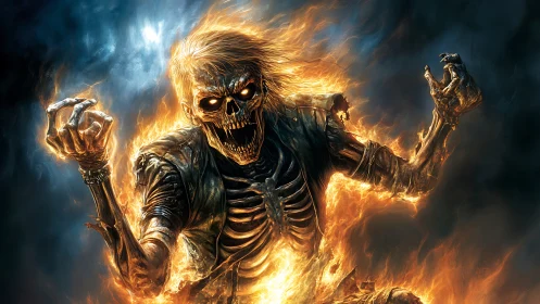 Fiery skeletal rocker rising in a blaze of fierce energy.