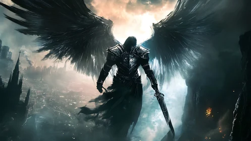 Armored dark angel dominates storm-lit ruined metropolis skyline