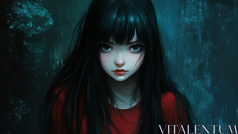 Dark-haired girl holds fearless stare in teal shadowed space