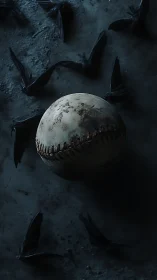 Weathered baseball suspended over dark scattered feathers