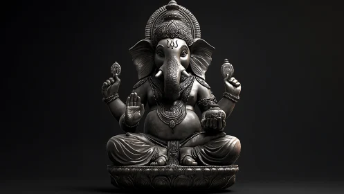 Silver Ganesha idol sits in lotus pose on dark background