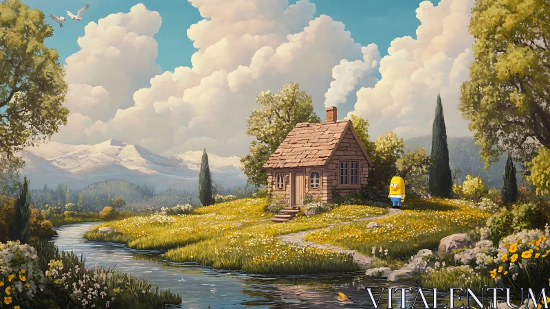 Idyllic riverside cottage with cartoon intruder in bloomscape.