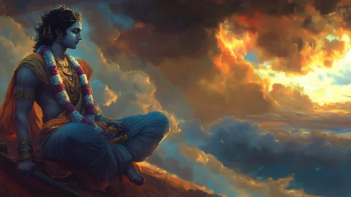 Divine warrior gazes into a radiant, storm-lit horizon.