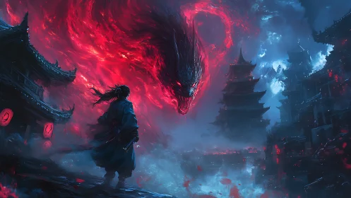 Samurai confronts blazing dragon spirit above dark citadel.