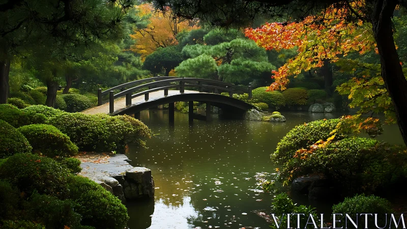 Wooden arch bridge over pond in dense landscaped garden.
