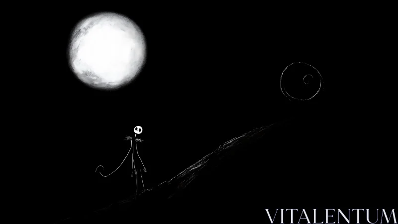 Moonlit skeletal figure on dark hillside at night.