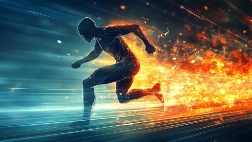 Flaming sprinter silhouette lunging through kinetic light trail.
