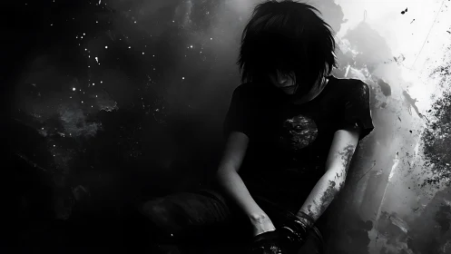 Solitary figure sinks into monochrome cosmic shadows.