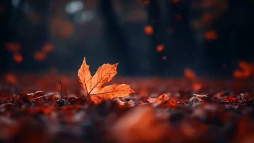 Single orange maple leaf on forest floor in shallow focus.