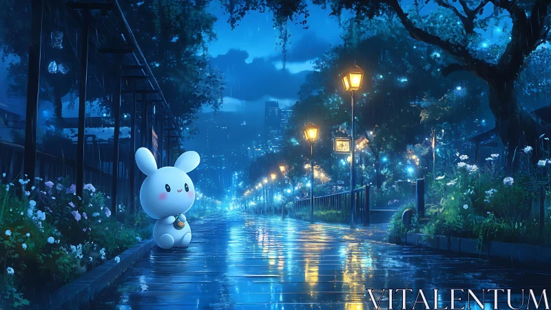 White rabbit figure on wet city park path at night.