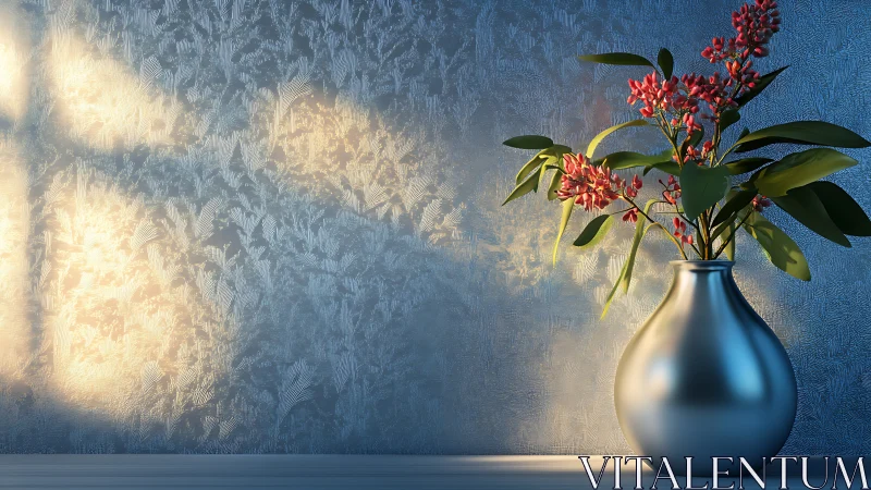 Chromed ceramic vase with red blossoms in raking window light