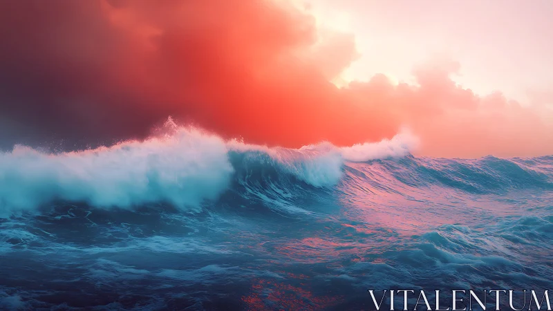 Crimson dawn surf ignites neon-tinted waves in motion.