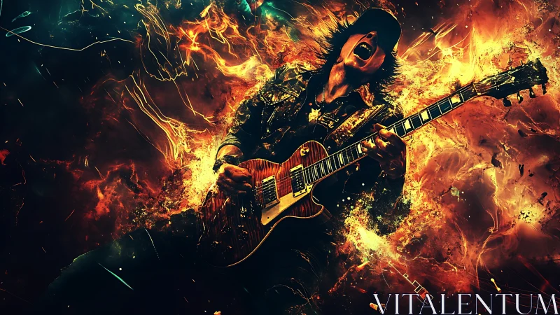 Electric guitarist erupts in fiery abstract energy burst