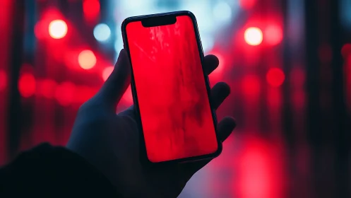 Glowing smartphone screen in neon red cyber corridor night scene.