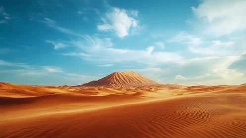 Golden desert dunes under bright blue sky panorama.