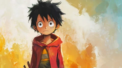 Serious anime boy in red cloak on warm painted backdrop.