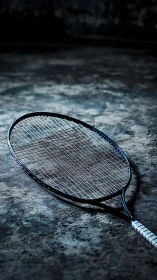 Quiet badminton racket rests gently on a worn concrete court