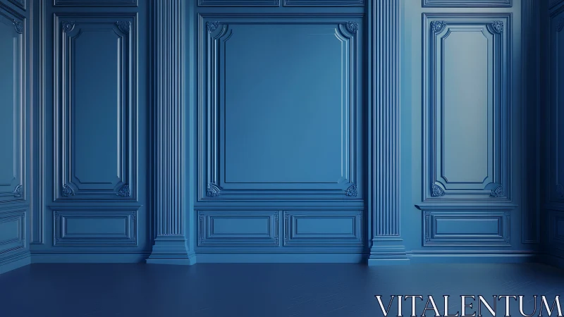 Monochrome neoclassical blue wall panels with ornate molding