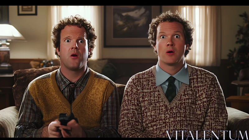 Symmetrical twin men on sofa react with synchronized surprise