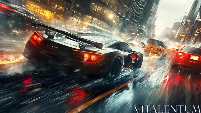 Midnight supercar slices through a rain-soaked city street