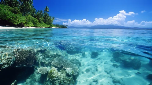 Tropical shoreline with shallow coral reef and low island horizon