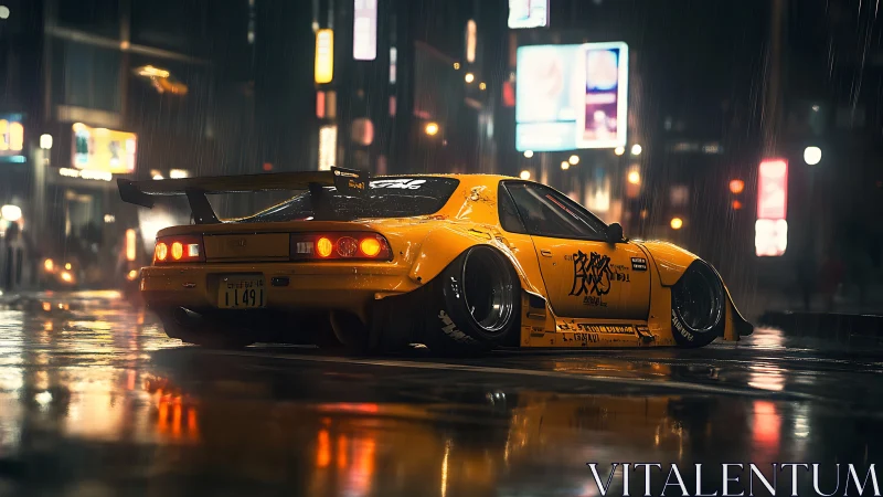 Neon-soaked drift legend idles in rain slick midnight streets.