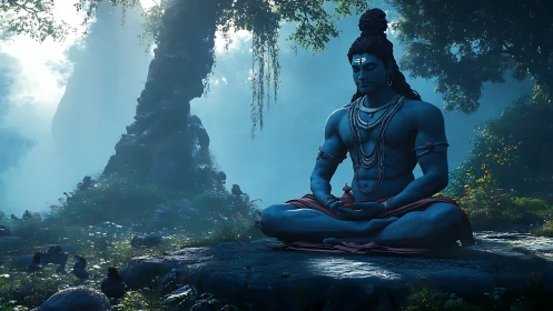 Divine blue yogi meditates in mist-lit forest sanctuary.