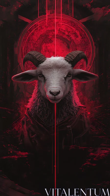Regal horned sheep framed in bold red cosmic glow.