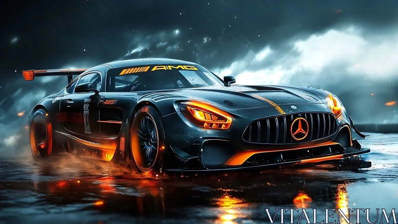 Cyber-lit AMG GT race car on wet tarmac, cinematic angle.