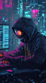 Neon masked hacker quietly codes in a glowing cyber city